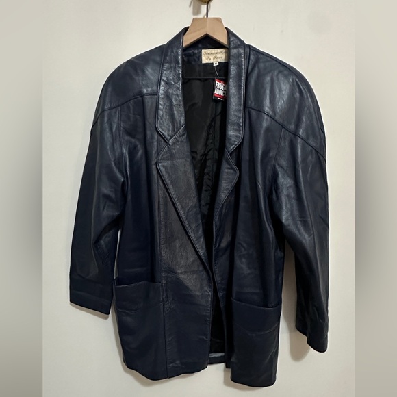 Vintage Genuine Leather Navy Blazer Style Jacket Large Front Pockets Size M - Picture 3 of 13